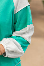Load image into Gallery viewer, Aruba Blue Colorblock Patchwork Cross Seam Plus Sweatshirt
