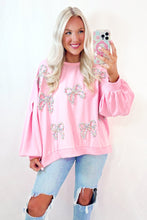 Load image into Gallery viewer, Light Pink Embroidered Bow Lantern Sleeve Oversized Pullover Sweatshirt
