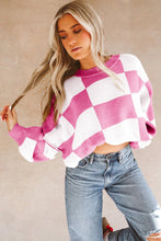 Load image into Gallery viewer, Rose Stripe Checkered Bishop Sleeve Sweater
