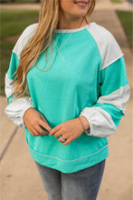 Load image into Gallery viewer, Aruba Blue Colorblock Patchwork Cross Seam Plus Sweatshirt
