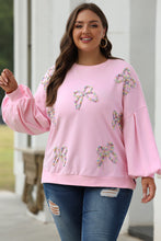Load image into Gallery viewer, Light Pink Embroidered Bow Lantern Sleeve Oversized Pullover Sweatshirt
