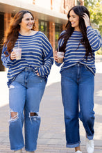 Load image into Gallery viewer, Sky Blue Stripe Drop Shoulder Casual Sweater
