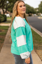 Load image into Gallery viewer, Aruba Blue Colorblock Patchwork Cross Seam Plus Sweatshirt
