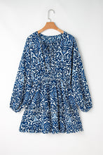 Load image into Gallery viewer, Blue Vintage Print Lace up V Neck Long Sleeve Mini Dress
