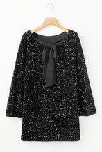 Load image into Gallery viewer, Black Sequin Long Sleeve Knot Cutout Back Mini Dress
