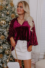 Load image into Gallery viewer, Red Dahlia Sequin Patchwork Sleeve Button Up Velvet Top
