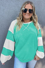 Load image into Gallery viewer, Aruba Blue Colorblock Patchwork Cross Seam Plus Sweatshirt
