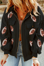 Load image into Gallery viewer, Black Sequined Rugby Football Pattern Pocketed Zipper Hooded Jacket
