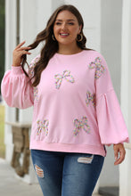 Load image into Gallery viewer, Light Pink Embroidered Bow Lantern Sleeve Oversized Pullover Sweatshirt
