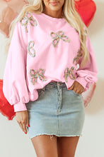 Load image into Gallery viewer, Light Pink Embroidered Bow Lantern Sleeve Oversized Pullover Sweatshirt
