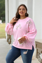 Load image into Gallery viewer, Light Pink Embroidered Bow Lantern Sleeve Oversized Pullover Sweatshirt
