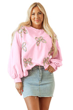 Load image into Gallery viewer, Light Pink Embroidered Bow Lantern Sleeve Oversized Pullover Sweatshirt
