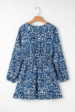 Load image into Gallery viewer, Blue Vintage Print Lace up V Neck Long Sleeve Mini Dress
