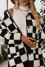 Load image into Gallery viewer, Black Checkered Side Pockets Collared Buttoned Fleece Jacket
