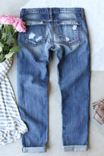 Load image into Gallery viewer, Sky Blue Sequin Rugby Football Patchwork Distressed Straight Leg Jeans
