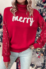 Load image into Gallery viewer, Racing Red Merry Graphic Sequin Sleeve Turtleneck Sweater
