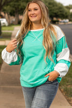 Load image into Gallery viewer, Aruba Blue Colorblock Patchwork Cross Seam Plus Sweatshirt
