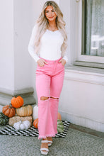 Load image into Gallery viewer, Pink Vintage High Waist Flare Leg Ripped Raw Hem Jeans
