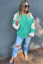 Load image into Gallery viewer, Aruba Blue Colorblock Patchwork Cross Seam Plus Sweatshirt
