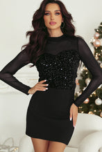 Load image into Gallery viewer, Black Sequin Velvet Sheer Mesh Mock Neck Blouse
