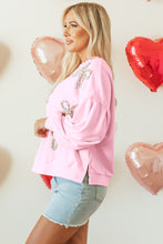 Load image into Gallery viewer, Light Pink Embroidered Bow Lantern Sleeve Oversized Pullover Sweatshirt
