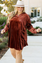 Load image into Gallery viewer, Coffee Plus Size V Neck Collared Pleated Back Rounded Hem Velvet Dress
