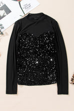 Load image into Gallery viewer, Black Sequin Velvet Sheer Mesh Mock Neck Blouse
