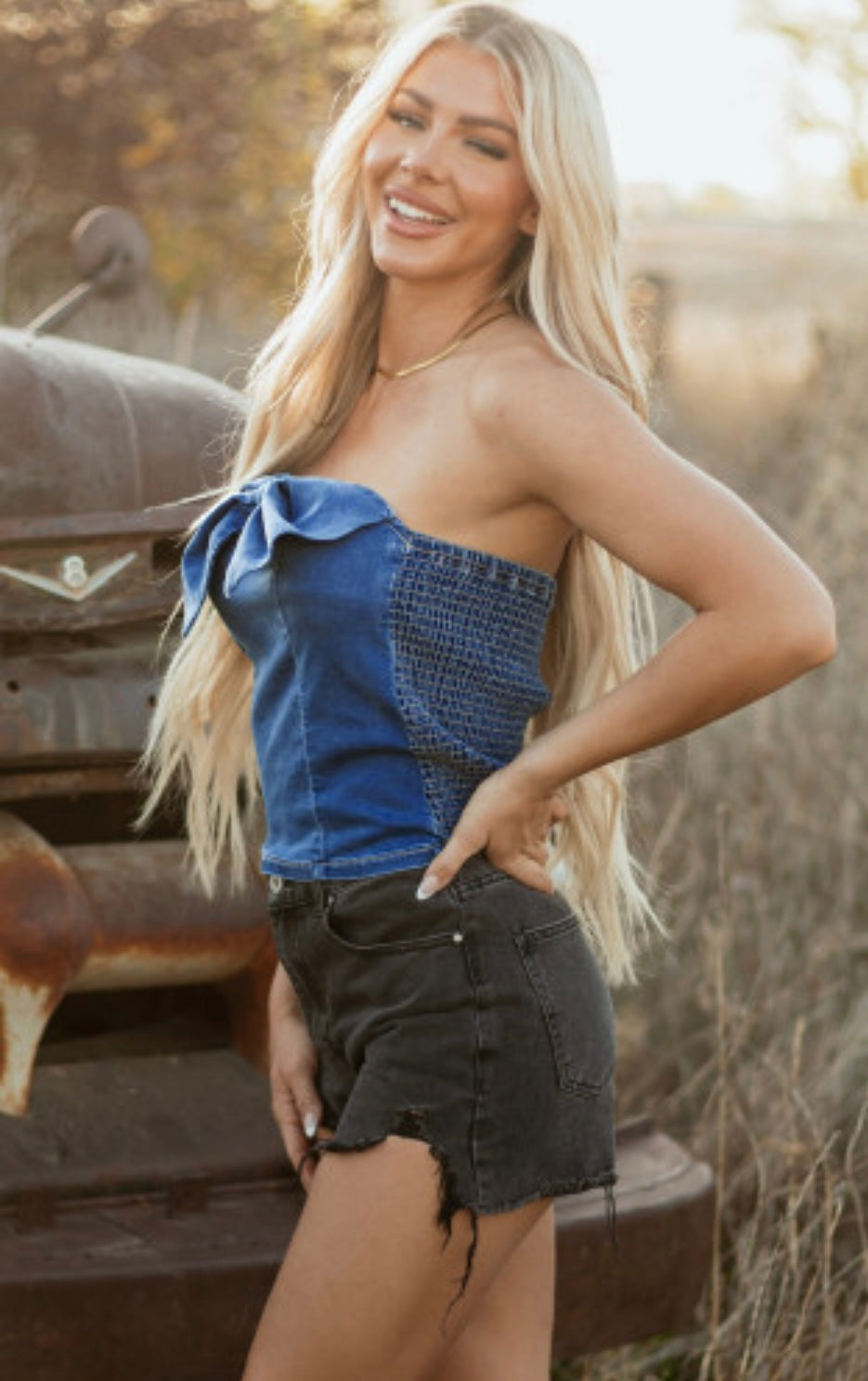 Blue Denim Front Knot Tube Top