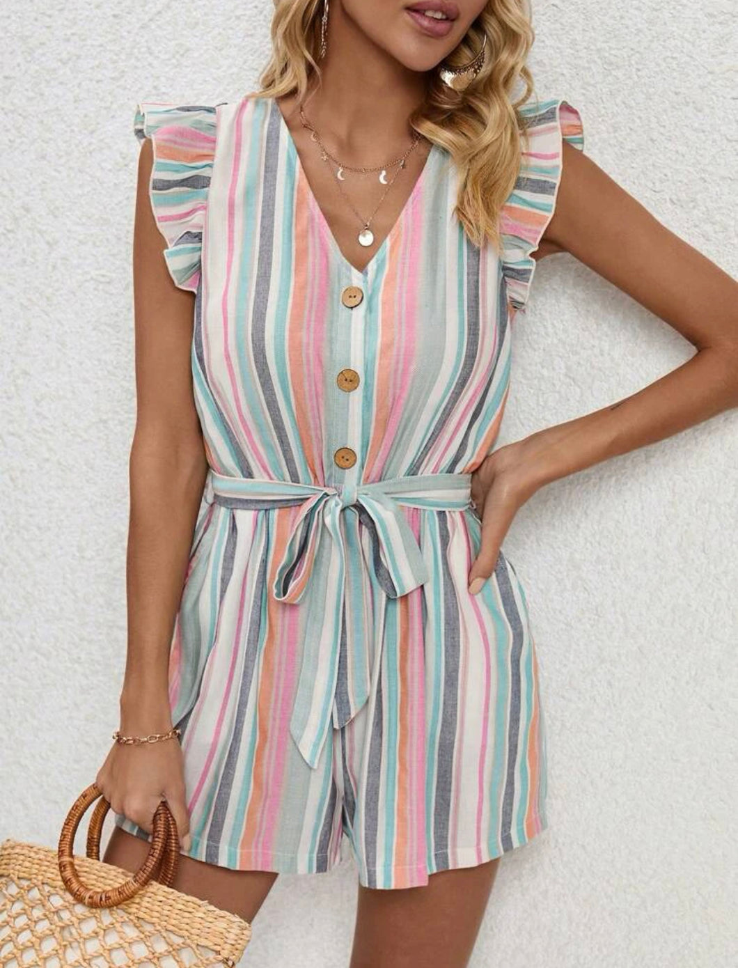Striped Ruffle Trim Romper