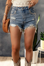 Load image into Gallery viewer, Sky Blue Rhinestone Tassel Denim Shorts
