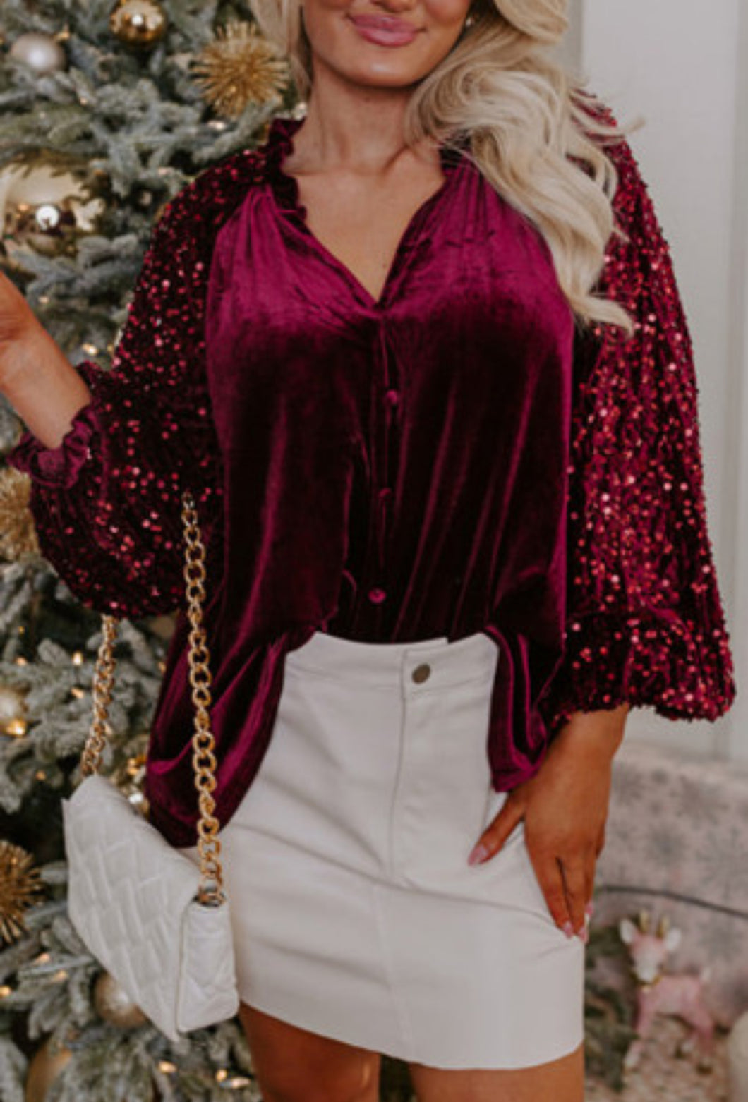 Red Sequin Sleeve Button Up Velvet Top