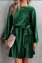 Load image into Gallery viewer, Green Tie Waist Velvet Dress
