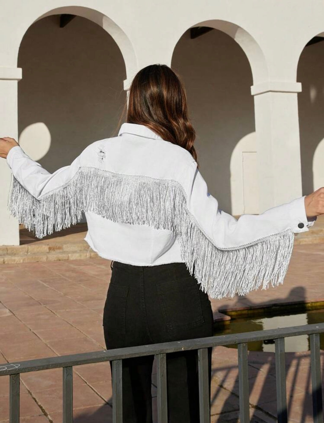 White Denim Jacket with Silver Fringe