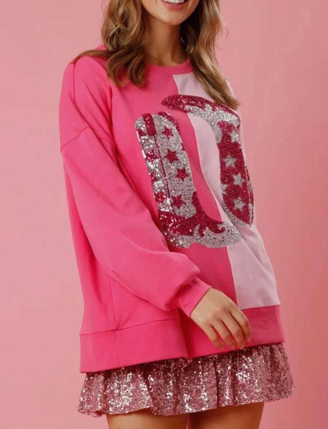 Pink Sequin Cowboy Boots Sweater