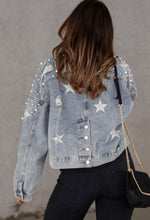 Load image into Gallery viewer, Denim Distressed Jacket with Pearls &amp; Sequin Stars
