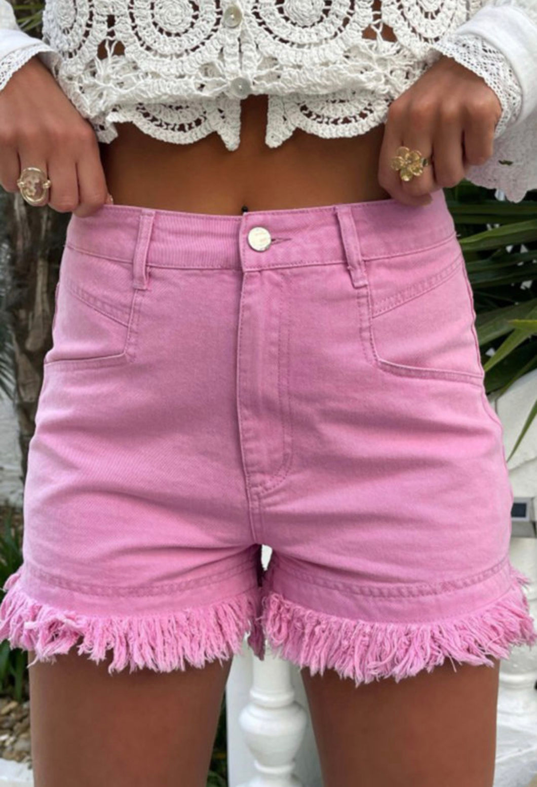 Pink Frayed Mid Waist Shorts