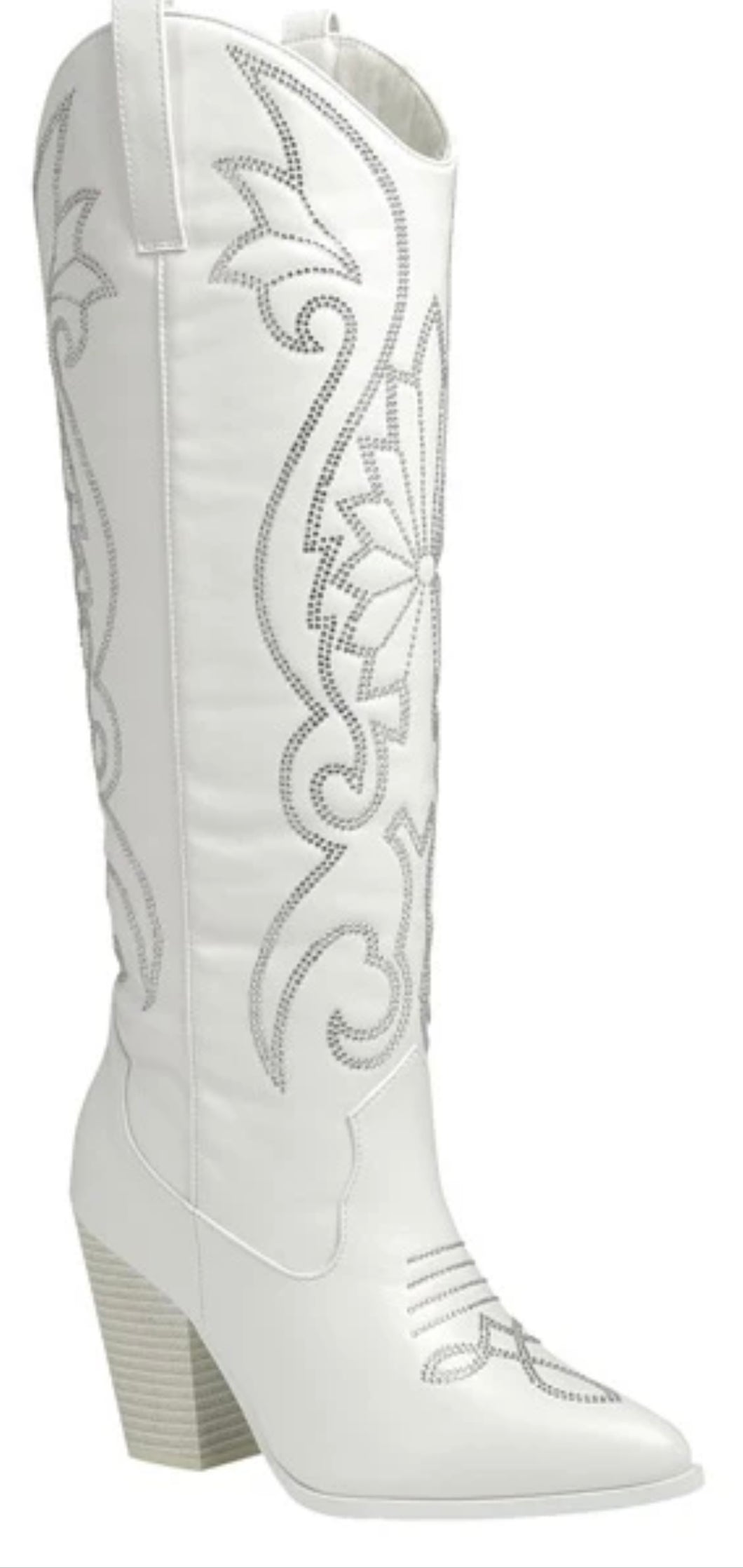 White Knee High Boots With Bling Accent
