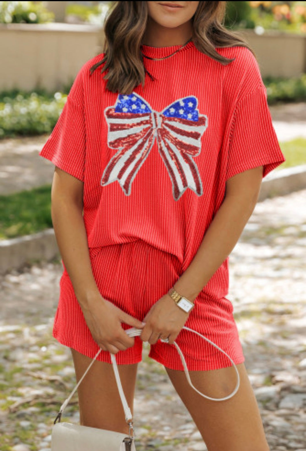 Coral Sequin Red White Blue Bow Set