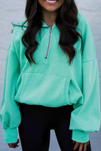 Load image into Gallery viewer, Mint Green Half Zip Kangaroo Pocket Drop Shoulder Hoodie
