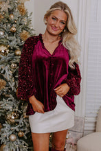 Load image into Gallery viewer, Red Dahlia Sequin Patchwork Sleeve Button Up Velvet Top
