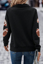 Load image into Gallery viewer, Black Sequin Rugby Football Patched Quarter Zip Textured Sweatshirt
