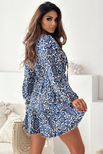Load image into Gallery viewer, Blue Vintage Print Lace up V Neck Long Sleeve Mini Dress

