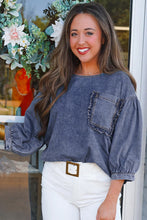 Load image into Gallery viewer, Sky Blue 3/4 Sleeve Ruffled Patched Pocket Denim Blouse
