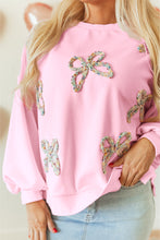 Load image into Gallery viewer, Light Pink Embroidered Bow Lantern Sleeve Oversized Pullover Sweatshirt
