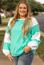 Load image into Gallery viewer, Aruba Blue Colorblock Patchwork Cross Seam Plus Sweatshirt
