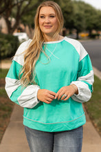 Load image into Gallery viewer, Aruba Blue Colorblock Patchwork Cross Seam Plus Sweatshirt
