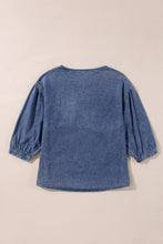 Load image into Gallery viewer, Sky Blue 3/4 Sleeve Ruffled Patched Pocket Denim Blouse
