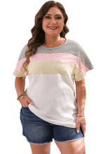 Load image into Gallery viewer, White Colorblock Patchwork Batwing Sleeve Ribbed Plus T Shirt
