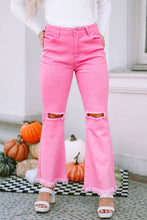 Load image into Gallery viewer, Pink Vintage High Waist Flare Leg Ripped Raw Hem Jeans
