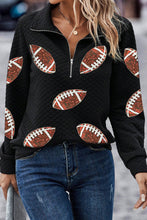 Load image into Gallery viewer, Black Sequin Rugby Football Patched Quarter Zip Textured Sweatshirt
